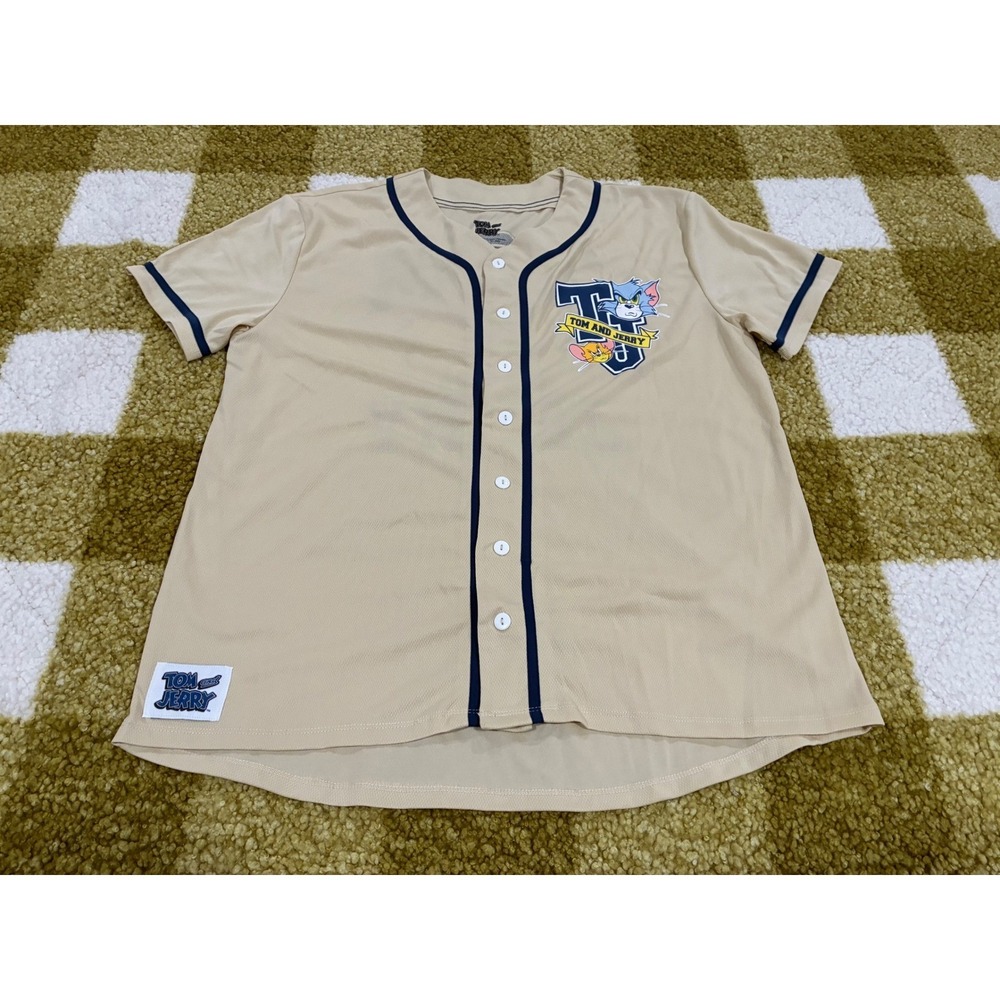 Tom and Jerry Baseball Jersey Tan Navy Blue Button Up Mesh Shirt XL Graphic Tee